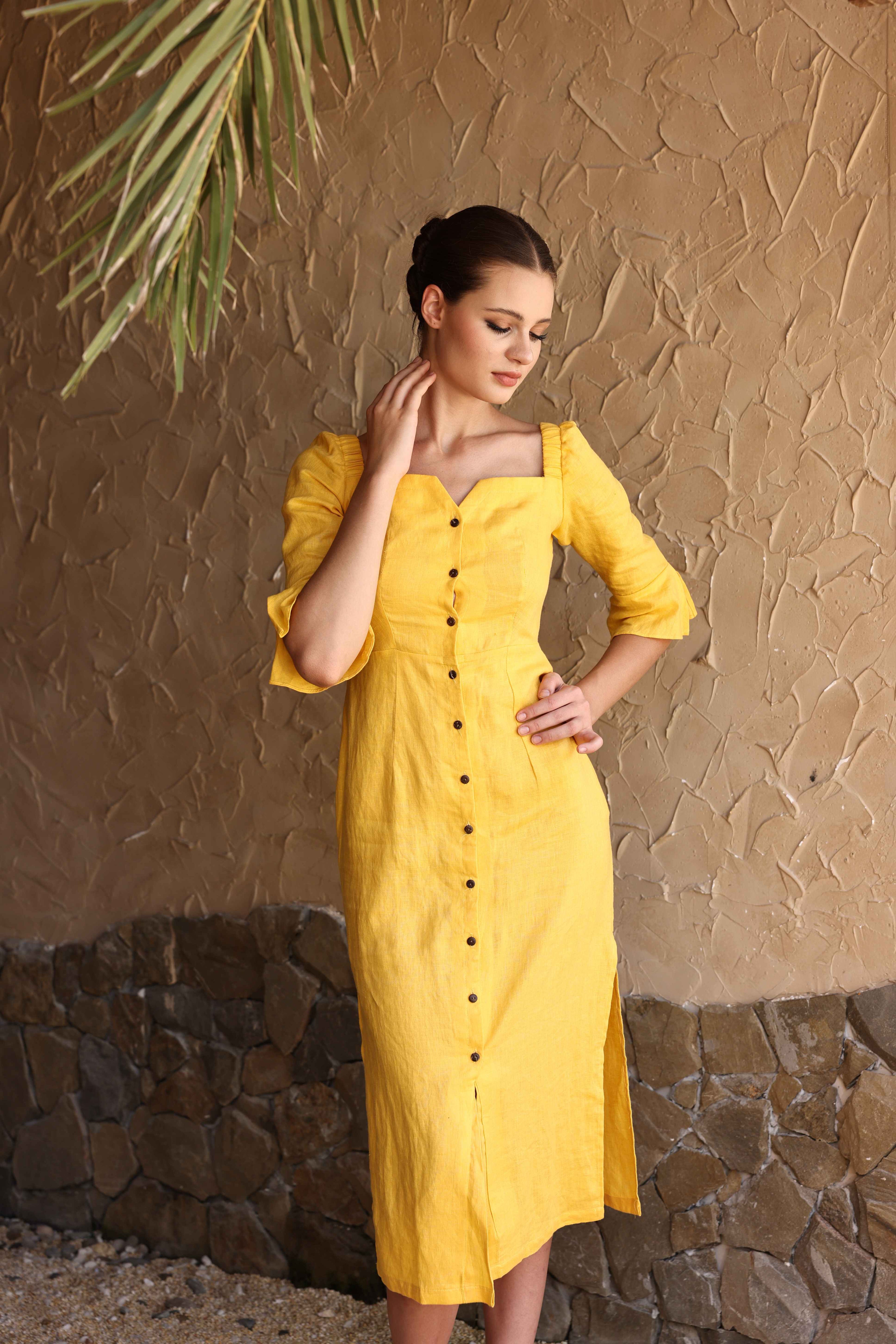 Yellow linen midi dress